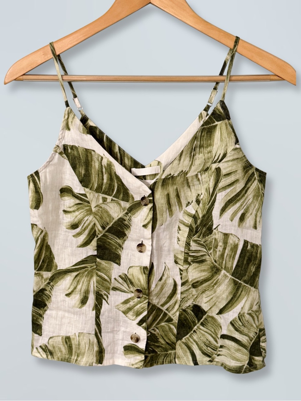 H&M Tropical Palm Leaf Print Linen Button Front Cami in Green/White